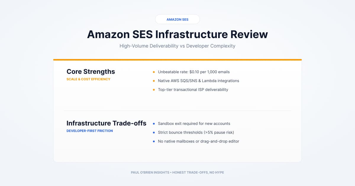 A feature comparison card for Amazon SES. The top section lists core strengths including scale and cost efficiency. The bottom section details infrastructure trade-offs and developer friction